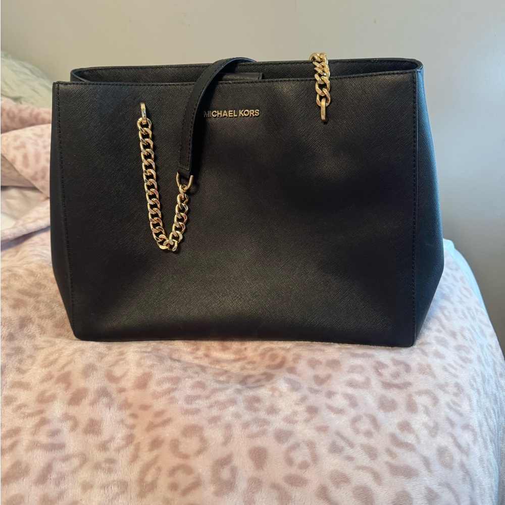 Michael Kors Black Tote with Gold Chain